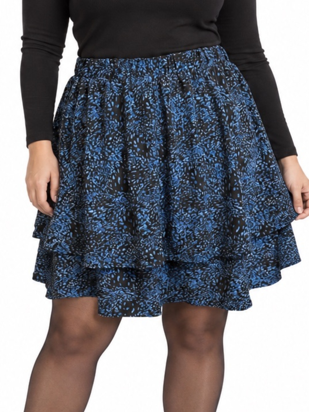 GILLI Allegra Flounce Hem Skirt XL Black Blue Abstract Stretch Layered